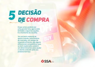 O que antes poderia ser
uma grande lista, agora está
limitado a algumas opções.
É o momento da escolha.
Ter um bom material de
apoio à venda, uma história
de mercado, um tempo de
resposta eficiente, são alguns
diferenciais competitivos que,
se bem explorados, podem
ser determinantes para ajudar
o cliente a decidir pelo seu
produto/serviço.
DECISÃO
DE COMPRA
5
 