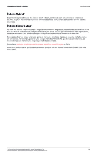 Índices Hybrid4
Experimente a previsibilidade dos Índices Crash e Boom, combinada com um aumento de volatilidade
de 20%. Capture movimentos inspirados em mercados reais, com padrões consistentes aliados a saltos
dinâmicos.
Índices Skewed Step5
Vá além dos Índices Step tradicionais e negocie com tamanhos de passo e probabilidades assimétricas. Com
80% ou 90% de probabilidade para pequenas variações e 10% ou 20% para movimentos mais significativos,
cada tick representa uma oportunidade para tirar partido das mudanças dinâmicas do mercado.
Como pode observar, existe uma vasta gama de mercados sintéticos. É possível negociar múltiplos índices
em simultâneo. Por exemplo, pode ter uma posição no Índice Volatility 10, que é mais estável e lento, ao
mesmo tempo que mantém uma negociação no Índice Boom 300.
Consulte os produtos sintéticos mais recentes e respetivas especificações na Deriv.
Além disso, lembre-se de que pode experimentar qualquer um dos índices acima mencionados com uma
conta demo.
4
Os Índices Hybrid não estão disponíveis para clientes que residam na UE.
5
Os Índices Skewed Step não estão disponíveis para clientes que residam na UE.
Como Negociar Índices Synthetic Vince Stanzione
13
 