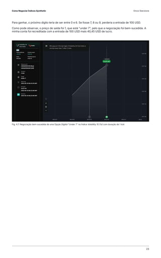 Fig. 4.7. Negociação bem-sucedida de uma Opção Digital "Under 7" no Índice Volatility 10 (1s) com duração de 1 tick
Para ganhar, o próximo dígito teria de ser entre 0 e 6. Se fosse 7, 8 ou 9, perderia a entrada de 100 USD.
Como pode observar, o preço de saída foi 1, que está "under 7", pelo que a negociação foi bem-sucedida. A
minha conta foi recreditada com a entrada de 100 USD mais 40,45 USD de lucro.
Como Negociar Índices Synthetic Vince Stanzione
23
 