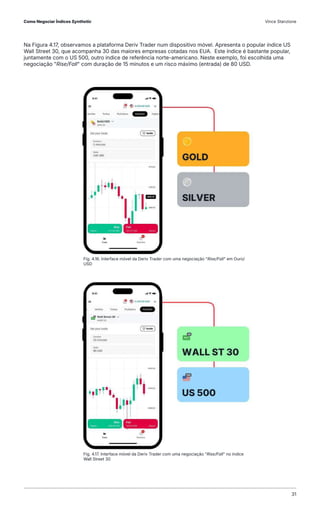 Na Figura 4.17, observamos a plataforma Deriv Trader num dispositivo móvel. Apresenta o popular índice US
Wall Street 30, que acompanha 30 das maiores empresas cotadas nos EUA. Este índice é bastante popular,
juntamente com o US 500, outro índice de referência norte-americano. Neste exemplo, foi escolhida uma
negociação "Rise/Fall" com duração de 15 minutos e um risco máximo (entrada) de 80 USD.
Fig. 4.16. Interface móvel da Deriv Trader com uma negociação "Rise/Fall" em Ouro/
USD
Fig. 4.17. Interface móvel da Deriv Trader com uma negociação "Rise/Fall" no índice
Wall Street 30
Como Negociar Índices Synthetic Vince Stanzione
31
 
