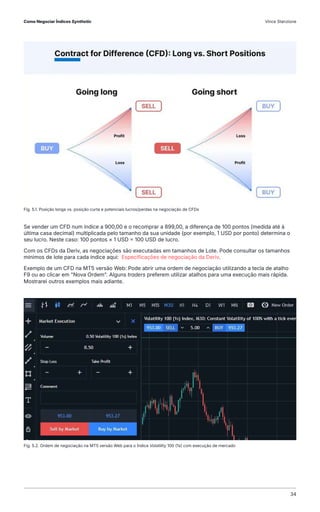 Se vender um CFD num índice a 900,00 e o recomprar a 899,00, a diferença de 100 pontos (medida até à
última casa decimal) multiplicada pelo tamanho da sua unidade (por exemplo, 1 USD por ponto) determina o
seu lucro. Neste caso: 100 pontos × 1 USD = 100 USD de lucro.
Com os CFDs da Deriv, as negociações são executadas em tamanhos de Lote. Pode consultar os tamanhos
mínimos de lote para cada índice aqui: Especificações de negociação da Deriv.
Exemplo de um CFD na MT5 versão Web: Pode abrir uma ordem de negociação utilizando a tecla de atalho
F9 ou ao clicar em "Nova Ordem". Alguns traders preferem utilizar atalhos para uma execução mais rápida.
Mostrarei outros exemplos mais adiante.
Fig. 5.1. Posição longa vs. posição curta e potenciais lucros/perdas na negociação de CFDs
Fig. 5.2. Ordem de negociação na MT5 versão Web para o Índice Volatility 100 (1s) com execução de mercado
Como Negociar Índices Synthetic Vince Stanzione
34
 