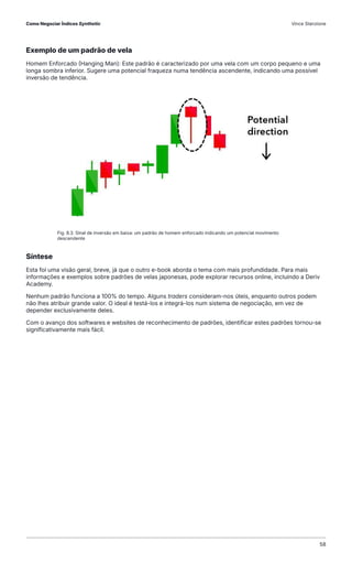 Exemplo de um padrão de vela
Homem Enforcado (Hanging Man): Este padrão é caracterizado por uma vela com um corpo pequeno e uma
longa sombra inferior. Sugere uma potencial fraqueza numa tendência ascendente, indicando uma possível
inversão de tendência.
Síntese
Esta foi uma visão geral, breve, já que o outro e-book aborda o tema com mais profundidade. Para mais
informações e exemplos sobre padrões de velas japonesas, pode explorar recursos online, incluindo a Deriv
Academy.
Nenhum padrão funciona a 100% do tempo. Alguns traders consideram-nos úteis, enquanto outros podem
não lhes atribuir grande valor. O ideal é testá-los e integrá-los num sistema de negociação, em vez de
depender exclusivamente deles.
Com o avanço dos softwares e websites de reconhecimento de padrões, identificar estes padrões tornou-se
significativamente mais fácil.
Fig. 8.3. Sinal de inversão em baixa: um padrão de homem enforcado indicando um potencial movimento
descendente
Como Negociar Índices Synthetic Vince Stanzione
58
 