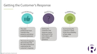 Getting the Customer’s Response
?
The sales
professional must
maintain their
presence and deliver
a neutral statement.
Getting the
customer’s full
response means
eliciting all of the
information with
open-ended
questions.
Summarizing the
customer’s needs
limits the probability
of late-stage
changes.
This kind of response
demonstrates that
the sales professional
understands the
customer’s response.
Copyright © 2019 Richardson. All rights reserved.
 