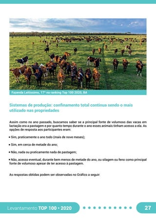 Levantamento TOP 100 • 2020 27
Fazenda Leitissimo, 17º no ranking Top 100 2020, BA
Sistemas de produção: confinamento total continua sendo o mais
utilizado nas propriedades
Assim como no ano passado, buscamos saber se a principal fonte de volumoso das vacas em
lactação era a pastagem e por quanto tempo durante o ano esses animais tinham acesso a ela. As
opções de resposta aos participantes eram:
Sim, praticamente o ano todo (mais de nove meses);
Sim, em cerca de metade do ano;
Não, nada ou praticamente nada de pastagem;
Não, acesso eventual, durante bem menos de metade do ano, ou silagem ou feno como principal
fonte de volumoso apesar de ter acesso à pastagem.
As respostas obtidas podem ser observadas no Gráfico a seguir:
 