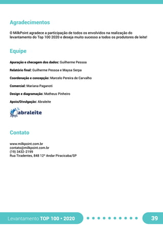 Levantamento TOP 100 • 2020 39
Agradecimentos
O MilkPoint agradece a participação de todos os envolvidos na realização do
levantamento do Top 100 2020 e deseja muito sucesso a todos os produtores de leite!
Equipe
Apuração e checagem dos dados: Guilherme Pessoa
Relatório final: Guilherme Pessoa e Maysa Serpa
Coordenação e concepção: Marcelo Pereira de Carvalho
Comercial: Mariana Paganoti
Design e diagramação: Matheus Pinheiro
Apoio/Divulgação: Abraleite
Contato
www.milkpoint.com.br
contato@milkpoint.com.br
(19) 3432-2199
Rua Tiradentes, 848 12º Andar Piracicaba/SP
 