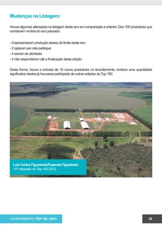 Mudanças na Listagem:

Houve algumas alterações na listagem deste ano em comparação a anterior. Dos 100 produtores que
constavam na lista do ano passado:


- 9 apresentaram produção abaixo do limite deste ano
- 2 optaram por não participar
- 4 saíram da atividade
- 4 não responderam até a finalização desta edição

Desta forma, houve a entrada de 19 novos produtores no levantamento, embora uma quantidade
significativa destes já houvesse participado de outras edições do Top 100.




  Luiz Carlos Figueiredo/Fazenda Figueiredo
  14º colocado no Top 100 2013




LEVANTAMENTO TOP 100 • 2013                                                                 20
 