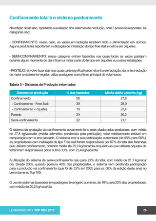 Confinamento total é o sistema predominante

Na edição deste ano, repetimos a avaliação dos sistemas de produção, com 3 possíveis respostas. As
categorias são:

- CONFINAMENTO: nesse caso, as vacas em lactação recebem toda a alimentação em cochos.
Alguns produtores reportaram a utilização de instalação do tipo free stall e outros em piquetes.

- SEMI-CONFINAMENTO: nessa categoria entram fazendas nas quais todas as vacas pastejam
durante algum momento do dia e ficam a maior parte do tempo em piquetes ou outras instalações.

- PASTEJO: envolve fazendas nas quais parte significativa do rebanho em lactação, durante a estação
de maior crescimento vegetal, utiliza pastagens como fonte principal de volumosos.

Tabela 5 – Sistemas de Produção informados

     Sistema de produção                 % das fazendas              Média diária vaca/dia (kg)
 Confinamento                                   58                              27,8
 - Confinamento - Free Stall                    39                              29,9
 - Confinamento - Piquetes                      19                              23,4
 Pastejo                                        20                              20,2
 Semi-confinamento                              22                              21,1

O sistema de produção via confinamento novamente foi o mais citado pelos produtores, com média
de 27,8 kg/vaca/dia (média aritmética ponderada pela produção), valor relativamente estável em
comparação com o ano passado. O sistema teve a sua participação aumentada (de 55% para 58%),
as propriedades com instalação do tipo Free-stall foram responsáveis por 67% do total das fazendas
que utilizam confinamento, obtendo média de 29,9 kg/vaca/dia enquanto as que utilizam piquetes de
terra foram responsáveis pelos outros 33%, com 23,4 kg/vaca/dia.

A utilização do sistema de semi-confinamento caiu para 22% do total, com média de 21,1 kg/vaca/
dia. Desde 2005, quando possuía 48% das propriedades, o sistema vem perdendo participação
para a produção via confinamento (que foi de 35% em 2005 para os 58% da edição deste ano) no
Levantamento Top 100.

O uso de sistemas baseados em pastagens teve ligeiro aumento, de 19% para 20% das propriedades,
com média de 20,2 kg/vaca/dia.




LEVANTAMENTO TOP 100 • 2013                                                                       26
 