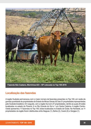 LEVANTAMENTO TOP 100 • 2016 30
Fazenda São Caetano, Morrinhos-GO – 55ª colocada no Top 100 2016
Localização das fazendas
Aregião Sudeste permaneceu com o maior número de fazendas presentes no Top 100, em razão da
grandequantidadedepropriedadesdoEstadodeMinasGerais(42das51propriedadesrepresentadas
pelo Sudeste brasileiro). Em seguida, vem a região Sul com 27 propriedades, dentre as quais 20 estão
localizadas no estado do Paraná, 6 no Rio Grande do Sul e 1 em Santa Catarina. A região Centro-
Oeste apresentou 11 fazendas no Top 100, todas localizadas no Estado de Goiás. No Nordeste, as 11
propriedades da região foram distribuídas entreAlagoas (1), Bahia (3), Ceará (6) e Sergipe (1).
 