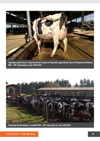 LEVANTAMENTO TOP 100 • 2016 32
AgropecuáriaCenci,FazendaDoisIrmãoseFazendaLagoVerde,NovaPonte/IraídeMinas-
MG – 56ª colocada no Top 100 2016
Fazenda Santo Isidoro, Coxilha-RS – 58ª colocada no Top 100 2016
 