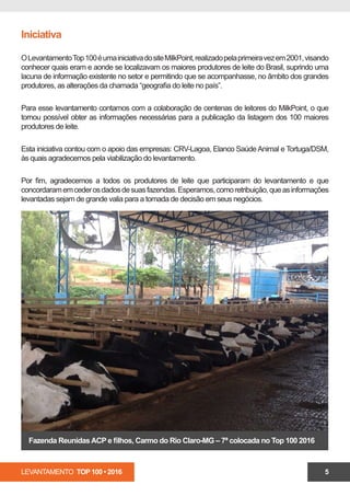 LEVANTAMENTO TOP 100 • 2016 5
Iniciativa
OLevantamentoTop100éumainiciativadositeMilkPoint,realizadopelaprimeiravezem2001,visando
conhecer quais eram e aonde se localizavam os maiores produtores de leite do Brasil, suprindo uma
lacuna de informação existente no setor e permitindo que se acompanhasse, no âmbito dos grandes
produtores, as alterações da chamada “geografia do leite no país”.
Para esse levantamento contamos com a colaboração de centenas de leitores do MilkPoint, o que
tornou possível obter as informações necessárias para a publicação da listagem dos 100 maiores
produtores de leite.
Esta iniciativa contou com o apoio das empresas: CRV-Lagoa, Elanco SaúdeAnimal e Tortuga/DSM,
às quais agradecemos pela viabilização do levantamento.
Por fim, agradecemos a todos os produtores de leite que participaram do levantamento e que
concordaramemcederosdadosdesuasfazendas.Esperamos,comoretribuição,queasinformações
levantadas sejam de grande valia para a tomada de decisão em seus negócios.
Fazenda ReunidasACP e filhos, Carmo do Rio Claro-MG – 7ª colocada no Top 100 2016
 