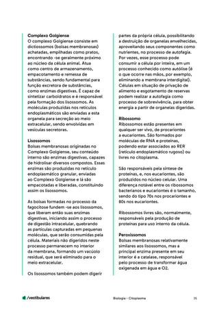 /vestibulares 35
Complexo Golgiense
O complexo Golgiense consiste em
dictiossomos (bolsas membranosas)
achatadas, empilhadas como pratos,
encontrando -se geralmente próximo
ao núcleo da célula animal. Atua
como centro de armazenamento,
empacotamento e remessa de
substâncias, sendo fundamental para
função excretora de substâncias,
como enzimas digestivas. É capaz de
sintetizar carboidratos e é responsável
pela formação dos lisossomos. As
moléculas produzidas nos retículos
endoplasmáticos são enviadas a esta
organela para secreção ao meio
extracelular, sendo envolvidas em
vesículas secretoras.
Lisossomos
Bolsas membranosas originadas no
Complexo Golgiense, seu conteúdo
interno são enzimas digestivas, capazes
de hidrolisar diversos compostos. Essas
enzimas são produzidas no retículo
endoplasmático granular, enviadas
ao Complexo Golgiense e lá são
empacotadas e liberadas, constituindo
assim os lisossomos.
As bolsas formadas no processo da
fagocitose fundem -se aos lisossomos,
que liberam então suas enzimas
digestivas, iniciando assim o processo
de digestão intracelular, quebrando
as partículas capturadas em pequenas
moléculas, que serão consumidas pela
célula. Materiais não digeridos neste
processo permanecem no interior
da membrana, formando um vacúolo
residual, que será eliminado para o
meio extracelular.
Os lisossomos também podem digerir
partes da própria célula, possibilitando
a destruição de organelas envelhecidas,
aproveitando seus componentes como
nutrientes, no processo de autofagia.
Por vezes, esse processo pode
consumir a célula por inteira, em um
processo conhecido como autólise (é
o que ocorre nas mãos, por exemplo,
eliminando a membrana interdigital).
Células em situação de privação de
alimento e esgotamento de reservas
podem realizar a autofagia como
processo de sobrevivência, para obter
energia a partir de organelas digeridas.
Ribossomo
Ribossomos estão presentes em
qualquer ser vivo, de procariontes
a eucariontes. São formados por
moléculas de RNA e proteínas,
podendo estar associados ao RER
(retículo endoplasmático rugoso) ou
livres no citoplasma.
São responsáveis pela síntese de
proteínas, e, nos eucariontes, são
produzidos no núcleo celular. Uma
diferença notável entre os ribossomos
bacterianos e eucariontes é o tamanho,
sendo do tipo 70s nos procariontes e
80s nos eucariontes.
Ribossomos livres são, normalmente,
responsáveis pela produção de
proteínas para uso interno da célula.
Peroxissomos
Bolsas membranosas relativamente
similares aos lisossomos, mas a
principal enzima presente em seu
interior é a catalase, responsável
pelo processo de transformar água
oxigenada em água e O2.
Biologia - Citoplasma
 