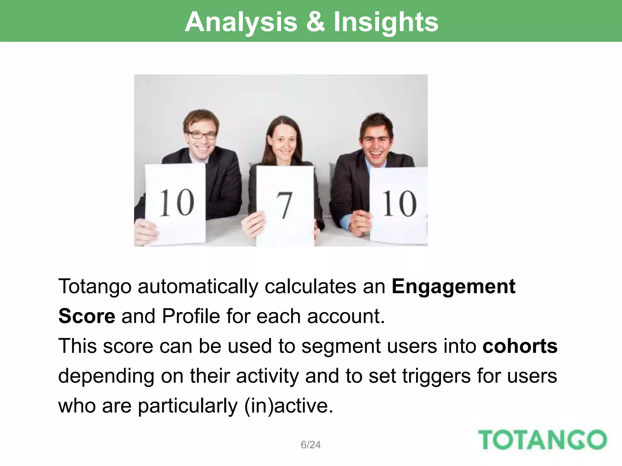 Analysis & Insights




Totango automatically calculates an Engagement
Score and Profile for each account.
This score can be used to segment users into cohorts
depending on their activity and to set triggers for users
who are particularly (in)active.
                           6/24
 