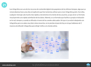 Las infografías son uno de los recursos de contenido digital más populares de los últimos tiempos, algo que ya
remarcábamos hace unos días al explicarte qué herramientas utilizar para crear infografías gratis. Con ellas,
cualquier mensaje cala mucho más rápida y claramente en la mente de los usuarios, ya que al ser un formato
visual permite una rápida asimilación de los datos. Además, es un formato que facilita su propia viralización
en la red, siempre y cuando se difunda a través de los canales adecuados. Así que si ya estás trabajando con
infografías pero no sabes muy bien cómo moverlas, no te pierdas el post de hoy en el que hablamos de 5
maneras de difundir infografías para dirigir tráfico a tu tienda online.
21
oleoshop
www.oleoshop.com
 