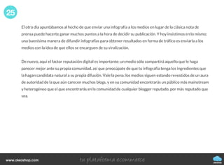 El otro día apuntábamos al hecho de que enviar una infografía a los medios en lugar de la clásica nota de
prensa puede hacerte ganar muchos puntos a la hora de decidir su publicación. Y hoy insistimos en lo mismo:
una buenísima manera de difundir infografías para obtener resultados en forma de tráfico es enviarla a los
medios con la idea de que ellos se encarguen de su viralización.
De nuevo, aquí el factor reputación digital es importante: un medio sólo compartirá aquello que le haga
parecer mejor ante su propia comunidad, así que preocúpate de que tu infografía tenga los ingredientes que
la hagan candidata natural a su propia difusión. Vale la pena: los medios siguen estando revestidos de un aura
de autoridad de la que aún carecen muchos blogs, y en su comunidad encontrarás un público más mainstream
y heterogéneo que el que encontrarás en la comunidad de cualquier blogger reputado, por más reputado que
sea.
25
oleoshop
www.oleoshop.com
 