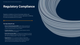 Regulatory Compliance
The stops along the way:
• Business Continuity Management (BCM) bundles methods, procedures and
rules to resume productive operations as quickly as possible after disruption
or failure of business processes or critical IT systems.
• Compliance Monitoring checks how well the business operations meet their
regulatory and internal process obligations.
• Dynamic Risk Governance (DRG) links strategy and risk management to solve the
lack of senior management involvement of traditional risk governance frameworks
(like ‘Three Lines of Defense (3LOD)’ / ‘Three Lines – 3L model’).
• Supply Chain Act (the Act on Corporate Due Diligence in Supply Chains,
Lieferkettengesetz) is a law of the German government to come into force in
January 2023 that commits companies to ensure compliance with human
rights and certain environmental standards in their supply chains.
Regulatory compliance is the set of processes, policies, and
governance structures making sure that an organization is following
the rules and standards set for its industry.
14
T h e T r e n d M a p o f B u s i n e s s T r a n s f o r m a t i o n & O p e r a t i o n a l E x c e l l e n c e
 