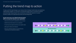 Putting the trend map to action
To keep up with the rapid changes in your industry, think of strategic transformation and operational
implementation together. It is more than a conventional change process. Successful companies
proactively shape change despite many uncertainties and efficiently implement innovative
business models at the organizational, process and technology levels.
Use the trend map as your Global Positioning System
(GPS) to increase the maturity of your organization:
• Share the trend map with the stakeholders of your company
• Identify the key trends relevant for your organization
• For each key trend: adapt the trend line to your specific needs
• Define goals, initiatives and milestones
• Derive your individual roadmap to successful Business
Transformation and Operational Excellence
Business Transformation
Operational Excellence
26
T h e T r e n d M a p o f B u s i n e s s T r a n s f o r m a t i o n & O p e r a t i o n a l E x c e l l e n c e
 