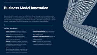 Business Model Innovation
The stops along the way:
• Business Ecosystems are networks of companies
collaborating to create common value / products for
customers along an end-to-end value chain.
• Coopetition describes the cooperation between
competing companies by forming a strategic alliance
designed to help both organizations.
• Flexicurity (a combination of “flexibility” and “security“)
is a paradigm of labour market policy balancing interests
between employers (being able to hire and fire staff)
and employees (employment security).
• Gig Economy refers to a part of the labour market in
which temporary jobs are awarded flexibly and at short
notice to job seekers or freelancers – with online plat-
forms as intermediaries between client and contractor.
• Hyperlocal Operating Models refer to doing business
(acquiring and delivering products and services) in a
small geographical area.
• Neo-Ecology / Green Market Revolution describes the
major change process towards a resource-efficient,
sustainable economy.
• VUCA is an acronym that refers to “volatility”,
“uncertainty”, “complexity” and “ambiguity“, the
supposed characteristics of the modern world.
Business Model Innovation means the (re-)definition of your strategic positioning and provides
the basis for the long-term orientation of your company. A business model (designed by methods
such as the Business Model Canvas) includes the description of markets, target groups, customer
benefits, partner relationships, core processes, cost structures and revenue streams.
6
T h e T r e n d M a p o f B u s i n e s s T r a n s f o r m a t i o n & O p e r a t i o n a l E x c e l l e n c e
 