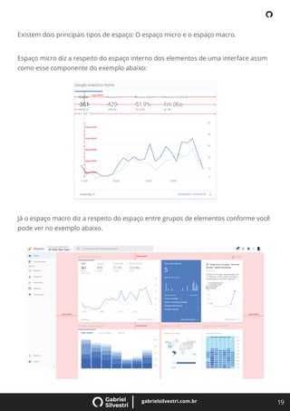19
gabrielsilvestri.com.br
Existem dois principais tipos de espaço: O espaço micro e o espaço macro.
Espaço micro diz a respeito do espaço interno dos elementos de uma interface assim
como esse componente do exemplo abaixo:
Já o espaço macro diz a respeito do espaço entre grupos de elementos conforme você
pode ver no exemplo abaixo.
 
