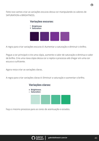 40
gabrielsilvestri.com.br
Feito isso vamos criar as variações escuras dessa cor manipulando os valores de
SATURATION e BRIGHTNESS.
A regra para criar variações escuras é: Aumentar a saturação e diminuir o brilho.
Pegue a cor principal e crie uma cópia, aumente o valor de saturação e diminua o valor
de brilho. Crie uma nova cópia dessa cor e repita o processo até chegar em uma cor
escura o suﬁciente.
Agora resta criar as variações claras.
A regra para criar variações claras é: Diminuir a saturação e aumentar o brilho.
Faça o mesmo processo para as cores de acentuação e estados.
 