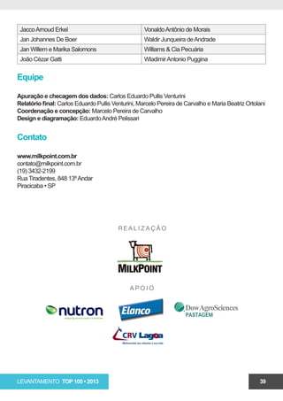 Jacco Arnoud Erkel                                 Vonaldo Antônio de Morais
 Jan Johannes De Boer                               Waldir Junqueira de Andrade
 Jan Willem e Marika Salomons                       Williams & Cia Pecuária
 João Cézar Gatti                                   Wladimir Antonio Puggina


Equipe

Apuração e checagem dos dados: Carlos Eduardo Pullis Venturini
Relatório final: Carlos Eduardo Pullis Venturini, Marcelo Pereira de Carvalho e Maria Beatriz Ortolani
Coordenação e concepção: Marcelo Pereira de Carvalho
Design e diagramação: Eduardo André Pelissari


Contato

www.milkpoint.com.br
contato@milkpoint.com.br
(19) 3432-2199
Rua Tiradentes, 848 13º Andar
Piracicaba • SP




LEVANTAMENTO TOP 100 • 2013                                                                        39
 