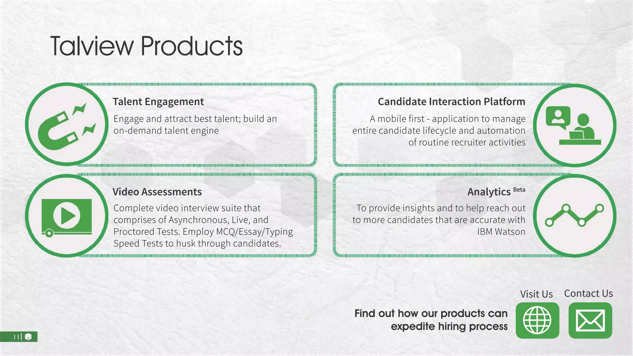 Talview Products
To provide insights and to help reach out
to more candidates that are accurate with
IBM Watson
Analytics Beta
Video Assessments
A mobile first - application to manage
entire candidate lifecycle and automation
of routine recruiter activities
Candidate Interaction Platform
Complete video interview suite that
comprises of Asynchronous, Live, and
Proctored Tests. Employ MCQ/Essay/Typing
Speed Tests to husk through candidates.
Engage and attract best talent; build an
on-demand talent engine
Talent Engagement
Find out how our products can
expedite hiring process
Visit Us Contact Us
 