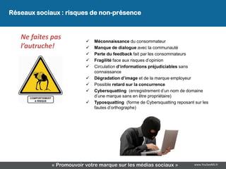 Réseaux sociaux : risques de non-présence
Réseaux sociaux : risques de non-présence

   Ne faites pas             Méconnaissance du consommateur
   l’autruche!               Manque de dialogue avec la communauté
                             Perte du feedback fait par les consommateurs
                             Fragilité face aux risques d’opinion
                             Circulation d’informations préjudiciables sans
                              connaissance
                             Dégradation d’image et de la marque employeur
                             Possible retard sur la concurrence
                             Cybersquatting (enregistrement d’un nom de domaine
                              d’une marque sans en être propriétaire)
                             Typosquatting (forme de Cybersquatting reposant sur les
                              fautes d’orthographe)




             « Promouvoir votre marque sur les médias sociaux »               www.YouSeeMii.fr
 
