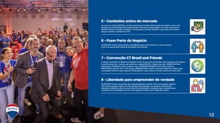 5 - Comissões acima do mercado
Ao ser um corretor RE/MAX, você faz parte de um modelo diferenciado de negócio. Aqui você
faz parte de uma grande rede e pode vender imóveis de várias regiões. Isso sem contar que a
RE/MAX oferece a melhor comissão. No programa Corretor Premium, nosso plano de carreira
chega à máxima comissão de 70%!
8 - Liberdade para empreender de verdade
Na RE/MAX nossos Corretores são empreendedores mesmo! Tem o seu próprio negócio
(sua marca pessoal), dentro de uma unidade franqueada, e as maiores comissões do
mercado imobiliário, além de uma trilha de conhecimento constante que o capacita para
conquistar seus resultados em um curto espaço de tempo (em média 06 meses).
6 - Fazer Parte do Negócio
Na RE/MAX você é nosso cliente, acreditamos que o seu sucesso é o nosso sucesso.
É por isso que sempre estamos lá quando você precisa.
7 - Convenção C7 Brasil and Friends
A Super Convenção C7 Brasil and Friends é mais do que uma convenção, uma conexão com o futuro.
É uma imersão nos 7 valores que definem a cultura RE/MAX. Valores que são: HONESTIDADE é
inegociável, PARCERIA, todos ganham mais, COMPROMETIMENTO sem medir esforços,
RESILIÊNCIA, desistir não é uma opção, APRENDIZADO, quanto mais você aprende e aplica, mais
você ganha, FOCO no que importa, EXCELÊNCIA, o que merece ser feito, merece ser bem feito.
12
 