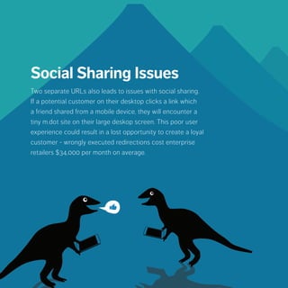 Social Sharing Issues
Two separate URLs also leads to issues with social sharing. If a potential
customer on their desktop clicks a link which a friend shared from a
mobile device, they will encounter a tiny m.dot site on their large deskop
screen. This poor user experience could result in a lost opportunity to
create a loyal customer - wrongly executed redirections cost enterprise
retailers $34,000 per month on average.
 