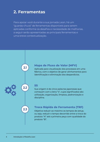 2. Ferramentas
Para apoiar você durante a sua jornada Lean, há um
“guarda-chuva” de ferramentas disponíveis para serem
aplicadas conforme os desafios e necessidade de melhorias,
a seguir serão apresentadas as principais ferramentas e
uma breve contextualização.
Mapa de Fluxo de Valor (MFV)
Aplicada para visualização dos processos em uma
fábrica, com o objetivo de gerar alinhamentos para
identificação e eliminação dos desperdícios.
5S
Sua origem é de cinco palavras japonesas que
começam com a letra “s”, cujos significados são:
utilização, organização, limpeza, padronização e
disciplina.
Troca Rápida de Ferramenta (TRF)
Objetiva reduzir ao máximo os tempos de setup,
ou seja, reduzir o tempo decorrido entre a troca do
produto “A” até a primeira peça com qualidade do
produto “B”.
2.1
2.2
2.3
5 Introdução à Filosofia Lean
 