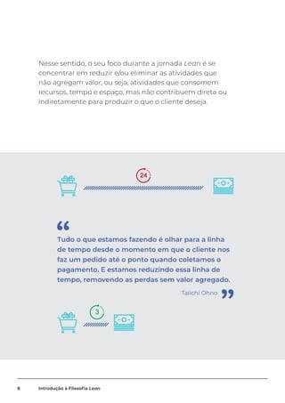 Nesse sentido, o seu foco durante a jornada Lean é se
concentrar em reduzir e/ou eliminar as atividades que
não agregam valor, ou seja, atividades que consomem
recursos, tempo e espaço, mas não contribuem direta ou
indiretamente para produzir o que o cliente deseja.
Tudo o que estamos fazendo é olhar para a linha
de tempo desde o momento em que o cliente nos
faz um pedido até o ponto quando coletamos o
pagamento. E estamos reduzindo essa linha de
tempo, removendo as perdas sem valor agregado.
Taiichi Ohno
8 Introdução à Filosofia Lean
 
