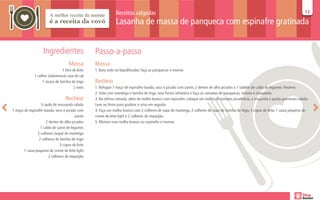 Receitas salgadas                                                                                                       12
                                                                                                                                                                                         12

                                                                 Lasanha de massa de panqueca com espinafre gratinada


                    Ingredientes                    Passo-a-passo
                                      Massa         Massa
                                 1 litro de leite   1. Bata tudo no liquidificador, faça as panquecas e reserve.
              1 colher (sobremesa) rasa de sal
                   1 xícara de farinha de trigo     Recheio
                                          2 ovos    1. Refogue 1 maço de espinafre lavado, seco e picado com azeite, 2 dentes de alho picados e 1 tablete de caldo de legumes. Reserve.
                                                    2. Unte com manteiga e farinha de trigo, uma forma refratária e faça as camadas de panquecas, recheio e mussarela.
                                    Recheio         3. Na última camada, além do molho branco com espinafre, coloque um molho de tomates picadinhos, a muçarela e queijo parmesão ralado.
                  ½ quilo de mussarela ralada       Leve ao forno para gratinar e sirva em seguida.
1 maço de espinafre lavado, seco e picado com       4. Faça um molho branco com 2 colheres de sopa de manteiga, 2 colheres de sopa de farinha de trigo, 3 copos de leite, 1 caixa pequena de
                                         azeite     creme de leite light e 2 colheres de requeijão.
                      2 dentes de alho picados      5. Misture esse molho branco ao espinafre e reserve.
                  1 caldo de carne de legumes
                2 colheres (sopa) de manteiga
                 2 colheres de farinha de trigo
                               3 copos de leite
       1 caixa pequena de creme de leite light
                        2 colheres de requeijão
 
