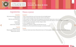 Receitas doces                                                                                                           35
                                                                                                                                                                              35

                                                     Geladim de doce de leite


          Ingredientes                  Passo-a-passo
                        Geladim         Geladim
100 g de doce de leite bem cremoso      1. Bata o creme de leite fresco com 25 g de açúcar até virar chantilly. Reserve.
                      100 ml de leite   2. Separe as claras das gemas. Bata as claras até o ponto em neve. Reserve.
    300 ml de creme de leite fresco     3. Junte as gemas ao chantilly e misture bem devagar, para não desmontar. Depois junte as claras em neve.
                              3 ovos    4. Esquente o leite com o doce de leite, mexendo até homogeneizar. Após esfriar, adicione o creme de chantilly e ovos e misture.
                      50 g de açúcar    5. Unte forminhas para petit gâteau com óleo e coloque o creme.
                       10 ml de óleo    6. Leve ao congelador por 6 horas.
         azeite de oliva extravirgem    7. Desenforme a sobremesa e salpique uma farofa doce por cima.
                                        8. Finalize com um fio de azeite de oliva extravirgem e uma folha de hortelã.
                           Farofa
                200g de leite em pó     Farofa
100g de gergelim torrado e triturado    1. Para fazer a farofa, basta misturar 200 g de leite empó com 100 g de gergelim torrado e triturado, mais 200 g de açúcar mascavo.
           200g de açúcar mascavo
 
