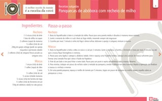 Receitas salgadas                                                                                                                44

                                                              Panquecas de abóbora com recheio de milho


                  Ingredientes                   Passo-a-passo
                                 Recheio         Recheio
                     1 ½ xícara (chá) de leite   1. Bata no liquidificador o leite e a metade do milho. Passe para uma panela média e dissolva a maisena nessa mistura.
                     1 lata de milho no vapor    2. Junte o restante do milho e o sal e leve ao fogo médio, mexendo sempre até engrossar.
                2 colheres (sopa) de maisena     3. Cozinhe por mais 1 minuto e retire do fogo e deixe esfriar. Adicione o queijo, o orégano, misture e reserve.
                         ½ colher (chá) de sal
     200g de queijo cottage (pode ser queijo     Massa
                muçarela e parmesão ralado)      1. Bata no liquidificador o leite, o óleo, os ovos e o sal por 2 minutos. Junte a maisena, a farinha, o fermento e bata por mais 3 minutos ou até
2 colheres (chá) de orégano fresco picado ou     que a massa fique homogênea e cremosa.
                                orégano seco     2. Passe para uma tigela e coloque a abóbora ralada. Unte e aqueça uma frigideira média, coloque uma porção de massa suficiente para
                                                 formar uma camada fina que cubra o fundo da frigideira.
                                    Massa        3. Frite de um lado e vire para fritar o outro lado. Passe para um prato e repita até terminar toda a massa. Reserve.
                       1 xícara (chá) de leite   4. Para montar, coloque um pouco do recheio sobre a metade da panqueca, enrole e coloque em uma travessa. Repita a operação até finalizar
                      1 colher (sopa) de óleo    a massa e o recheio e reserve.
                                       2 ovos    5. Em uma panela pequena, aqueça o molho de tomate por 5 minutos. Jogue um pouco de orégano no molho, depois espalhe sobre as
                        ½ colher (chá) de sal    panquecas e sirva.
                  ½ xícara (chá)de maisena
           ½ xícara (chá) de farinha de trigo
          ½ colher (chá) de fermento em pó
      150g de abóbora ralada no ralo grosso
 