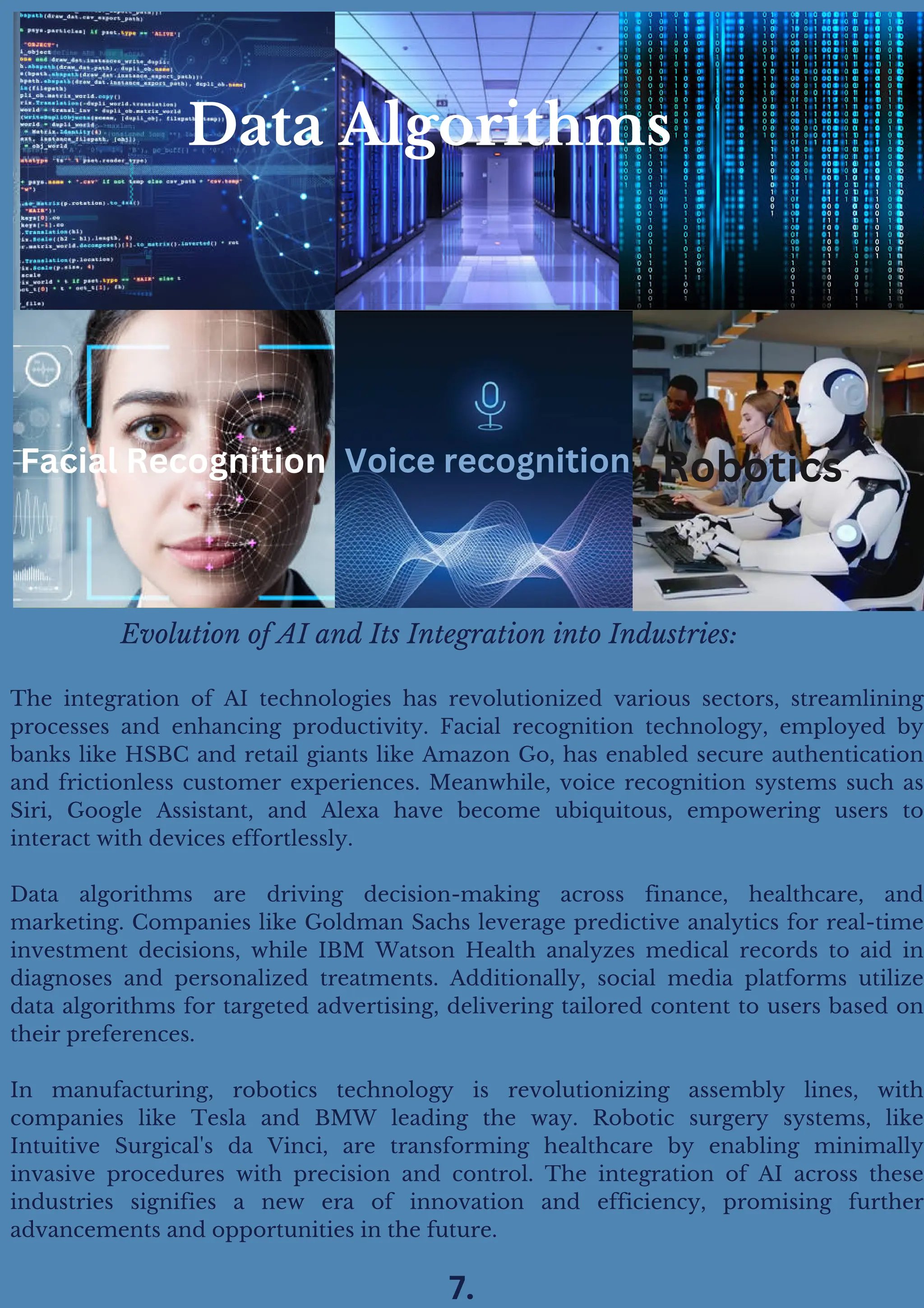 The integration of AI technologies has revolutionized various sectors, streamlining
processes and enhancing productivity. Facial recognition technology, employed by
banks like HSBC and retail giants like Amazon Go, has enabled secure authentication
and frictionless customer experiences. Meanwhile, voice recognition systems such as
Siri, Google Assistant, and Alexa have become ubiquitous, empowering users to
interact with devices effortlessly.
Data algorithms are driving decision-making across finance, healthcare, and
marketing. Companies like Goldman Sachs leverage predictive analytics for real-time
investment decisions, while IBM Watson Health analyzes medical records to aid in
diagnoses and personalized treatments. Additionally, social media platforms utilize
data algorithms for targeted advertising, delivering tailored content to users based on
their preferences.
In manufacturing, robotics technology is revolutionizing assembly lines, with
companies like Tesla and BMW leading the way. Robotic surgery systems, like
Intuitive Surgical's da Vinci, are transforming healthcare by enabling minimally
invasive procedures with precision and control. The integration of AI across these
industries signifies a new era of innovation and efficiency, promising further
advancements and opportunities in the future.
Evolution of AI and Its Integration into Industries:
Voice recognition
Facial Recognition Robotics
Data Algorithms
7.
 