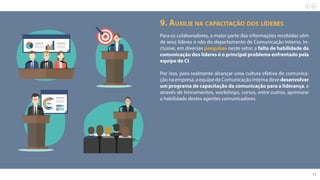 11
9. Auxilie na capacitação dos líderes
Para os colaboradores, a maior parte das informações recebidas vêm
de seus líderes e não do departamento de Comunicação Interna. In-
clusive, em diversas pesquisas neste setor, a falta de habilidade de
comunicação dos líderes é o principal problema enfrentado pela
equipe de CI.
Por isso, para realmente alcançar uma cultura efetiva de comunica-
ção na empresa, a equipe de Comunicação Interna deve desenvolver
um programa de capacitação da comunicação para a liderança, e
através de treinamentos, workshops, cursos, entre outros, aprimorar
a habilidade destes agentes comunicadores.
 