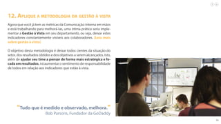 14
12. Aplique a metodologia da gestão à vista
Agora que você já tem as métricas da Comunicação Interna em mãos
e está trabalhando para melhorá-las, uma ótima prática seria imple-
mentar a Gestão à Vista em seu departamento, ou seja, deixar estes
indicadores constantemente visíveis aos colaboradores. (Leia mais
sobre gestão à vista)
O objetivo desta metodologia é deixar todos cientes da situação do
setor, dos resultados obtidos e dos objetivos a serem alcançados. Isto,
além de ajudar seu time a pensar de forma mais estratégica e fo-
cada em resultados, irá aumentar o sentimento de responsabilidade
de todos em relação aos indicadores que estão à vista.
“Tudo que é medido e observado, melhora.”
Bob Parsons, Fundador da GoDaddy
 