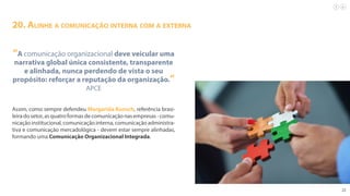 22
20. Alinhe a comunicação interna com a externa
“A comunicação organizacional deve veicular uma
narrativa global única consistente, transparente
e alinhada, nunca perdendo de vista o seu
propósito: reforçar a reputação da organização.”
APCE
Assim, como sempre defendeu Margarida Kunsch, referência brasi-
leiradosetor,asquatroformasdecomunicaçãonasempresas-comu-
nicação institucional, comunicação interna, comunicação administra-
tiva e comunicação mercadológica - devem estar sempre alinhadas,
formando uma Comunicação Organizacional Integrada.
 