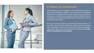 4
2. Conheça os colaboradores
Todo indivíduo é único. A bagagem cultural adquirida durante a vi-
da de cada colaborador é distinta, o que resulta em personalidades
diferentes. A consequência disto é que a forma como as pessoas se
comunicam, e entendem comunicados, também é diferente. Esta di-
versidade é um dos principais desafios para a construção de uma co-
municação interna eficaz.
Por isso, é essencial conhecer as características dos funcionários - co-
mo idade, sexo, formação, motivações, valores, cultura e personali-
dade - para poder se comunicar de uma forma mais personalizada e
segmentada. Além disto, este diagnóstico é fundamental para iden-
tificar necessidades de comunicação.
 