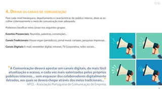 6
4. Defina os canais de comunicação
Para cada nível hierárquico, departamento e características do público interno, deve-se es-
colher criteriosamente o meio de comunicação mais adequado.
Podemos classificar estes canais nos seguintes grupos:
Eventos Presenciais: Reuniões, palestras, convenções...
CanaisTradicionais: House organ (periódicos), jornal mural, cartazes, pesquisas impressas...
Canais Digitais: E-mail, newsletter digital, intranet, TV Corporativa, redes sociais...
“A Comunicação deverá apostar em canais digitais, de mais fácil
atualização e acesso, e cada vez mais valorizados pelos próprios
públicos internos... sem esquecer dos colaboradores digitalmente
iletrados, aos quais se deverá chegar através dos meios tradicionais...”
APCE - Associação Portuguesa de Comunicação de Empresa
 