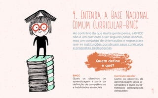 9
4. Entenda a Base Nacional
Comum Curricular-BNCC
Ao contrário do que muita gente pensa, a BNCC
não é um currículo a ser seguido pelas escolas,
mas um conjunto de orientações e regras para
que as instituições construam seus currículos
e propostas pedagógicas.
BNCC
Quais os objetivos de
aprendizagem a partir da
definição de competências
e habilidades essenciais
Currículo escolar
Como os objetivos de
aprendizagem serão al-
cançados e quais as es-
tratégias pedagógicas
adequadas
9
Quem define
o quê?
 
