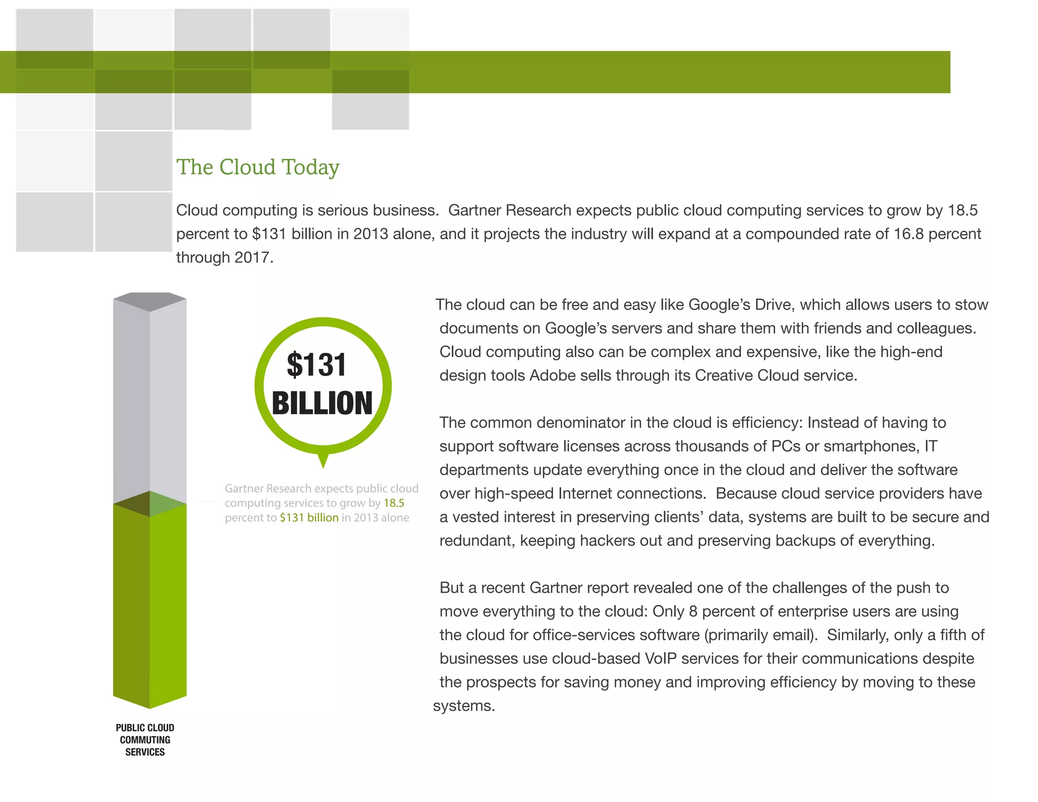 Cloud computing is serious business. Gartner Research expects public cloud computing services to grow by 18.5
percent to $131 billion in 2013 alone, and it projects the industry will expand at a compounded rate of 16.8 percent
through 2017.
The cloud can be free and easy like Google’s Drive, which allows users to stow
documents on Google’s servers and share them with friends and colleagues.
Cloud computing also can be complex and expensive, like the high-end
design tools Adobe sells through its Creative Cloud service.
The common denominator in the cloud is efficiency: Instead of having to
support software licenses across thousands of PCs or smartphones, IT
departments update everything once in the cloud and deliver the software
over high-speed Internet connections. Because cloud service providers have
a vested interest in preserving clients’ data, systems are built to be secure and
redundant, keeping hackers out and preserving backups of everything.
But a recent Gartner report revealed one of the challenges of the push to
move everything to the cloud: Only 8 percent of enterprise users are using
the cloud for office-services software (primarily email). Similarly, only a fifth of
businesses use cloud-based VoIP services for their communications despite
the prospects for saving money and improving efficiency by moving to these
systems.
The Cloud Today
PUBLIC CLOUD
COMMUTING
SERVICES
$131
BILLION
Gartner Research expects public cloud
computing services to grow by 18.5
percent to $131 billion in 2013 alone
 