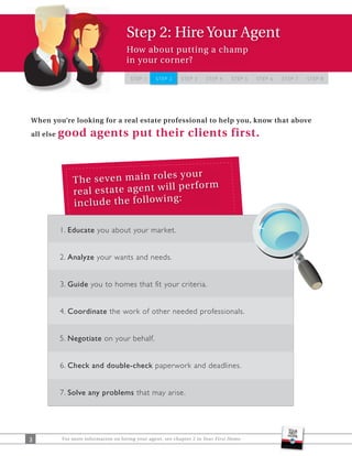 Step 2: Hire Your Agent
                                      How about putting a champ
                                      in your corner?

                                        STEP 1    STEP 2     STEP 3     STEP 4    STEP 5   STEP 6   STEP 7   STEP 8




When you’re looking for a real estate professional to help you, know that above

all else   good agents put their clients first.


                                               s yo u r
               T h e se ve n m a in ro le
                                               l p e rf o rm
               re a l e st a te a g e n t w il
                                               g:
               in cl u d e th e fo ll ow in

           1. Educate you about your market.


           2. Analyze your wants and needs.


           3. Guide you to homes that fit your criteria.


           4. Coordinate the work of other needed professionals.


           5. Negotiate on your behalf.


           6. Check and double-check paperwork and deadlines.


           7. Solve any problems that may arise.




3          For more information on hiring your agent, see chapter 2 in Your First Home.
 
