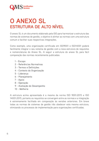6
O ANEXO SL
ESTRUTURA DE ALTO NÍVEL
O anexo SL é um documento elaborado pela ISO para harmonizar a estrutura das
normas de sistemas de gestão, o objetivo é alinhar as normas com uma estrutura
comum e facilitar suas respectivas integrações.
Como exemplo, uma organização certificada em ISO9001 e ISO14001 poderá
facilmente integrar o seu sistema de gestão com a nova estrutura de requisitos
e nomenclaturas do Anexo SL. A seguir a estrutura do anexo SL para fácil
comparação das normas recentemente publicadas:
1 - Escopo
2 - Referências Normativas
3 - Termos e Definições
4 - Contexto da Organização
5 - Liderança
6 - Planejamento
7 - Apoio
8 - Operação
9 - Avaliação do Desempenho
10 - Melhoria
A estrutura acima apresentada é a mesma da norma ISO 9001:2015 e ISO
14001:2015, portanto os requisitos se convergem entre as normas e a integração
é extremamente facilitada em comparação às versões anteriores. Em breve
todas as normas de sistemas de gestão irão obedecer esta mesma estrutura,
otimizando os processos de implementação para organizações certificadas.
 