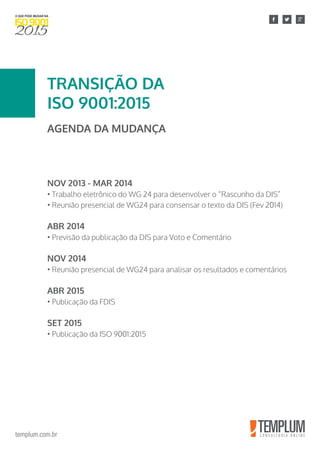 templum.com.br
NOV 2013 - MAR 2014
• Trabalho eletrônico do WG 24 para desenvolver o “Rascunho da DIS”
• Reunião presencial de WG24 para consensar o texto da DIS (Fev 2014)
ABR 2014
• Previsão da publicação da DIS para Voto e Comentário
NOV 2014
• Reunião presencial de WG24 para analisar os resultados e comentários
ABR 2015
• Publicação da FDIS
SET 2015
• Publicação da ISO 9001:2015
TRANSIÇÃO DA
ISO 9001:2015
AGENDA DA MUDANÇA
 