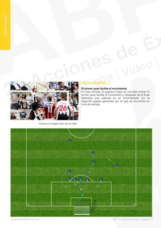 El primer pase facilita el movimiento.
En esta entrada, la jugada a tratar es una falta frontal. El
primer paso facilita el movimiento y desajuste de la línea
defensiva que además se ve incrementado con la
segunda jugada generada por el que se encuentra en
zona de remate.
FALTA FRONTAL 1
FaltaFrontal1
Pulsa en la imagen para ver el vídeo
www.lalibretadelmister.com ABP. 21 acciones de éxito | página 14
 