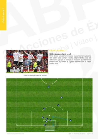 Balón raso a punto de penal.
Venir desde una zona retrasada buscando la trayectoria
del balón casi siempre resulta sorprendente para los
defensores ya que el tiempo de reacción que tienen es
mínimo que su tienen al jugador delante con la visión
puesta en él.
FALTA LATERAL 1
FaltaLateral1
Pulsa en la imagen para ver el vídeo
www.lalibretadelmister.com ABP. 21 acciones de éxito | página 20
 