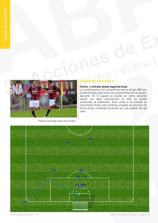 Centro y entrada desde segunda línea.
La concentración y el compromiso dentro de las ABP son
fundamentales para evitar ser sorprendidos por el equipo
atacante. En la jugada se puede ver como sacando
rápido, sin dejar posicionarse al rival, se puede
sorprender al adversario. Ésto, unido a la entrada en
movimiento frente a los hombres situados en principio de
forma zonal, convierten la acción en una ocasión de gol
clara.
SAQUE DE ESQUINA 5
SaquedeEsquina5
Pulsa en la imagen para ver el vídeo
www.lalibretadelmister.com ABP. 21 acciones de éxito | página 32
 