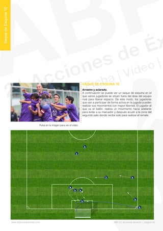 Arrastre y aclarado.
A continuación se puede ver un saque de esquina en el
que varios jugadores se sitúan fuera del área del equipo
rival para liberar espacio. De este modo, los jugadores
que van a participar de forma activa en la jugada pueden
realizar sus movimientos con mayor libertad. El jugador al
que va el balón, realiza un movimiento hacia adelante
para evitar a su marcador y después acudir a la zona del
segundo palo donde recibe solo para realizar el remate.
SAQUE DE ESQUINA 10
SaquedeEsquina10
Pulsa en la imagen para ver el vídeo
www.lalibretadelmister.com ABP. 21 acciones de éxito | página 42
 