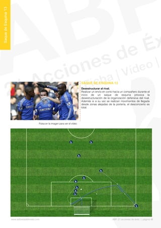 Desestructurar al rival.
Realizar un envío en corto hacia un compañero durante el
inicio de un saque de esquina provoca la
desestructuración de la organización defensiva del rival.
Además si a su vez se realizan movimientos de llegada
desde zonas alejadas de la portería, el desconcierto es
total.
SAQUE DE ESQUINA 13
SaquedeEsquina13
Pulsa en la imagen para ver el vídeo
www.lalibretadelmister.com ABP. 21 acciones de éxito | página 48
 