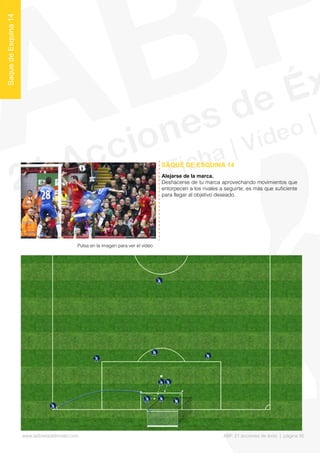 Alejarse de la marca.
Deshacerse de tu marca aprovechando movimientos que
entorpecen a los rivales a seguirte, es más que sufciente
para llegar al objetivo deseado.
SAQUE DE ESQUINA 14
SaquedeEsquina14
Pulsa en la imagen para ver el vídeo
www.lalibretadelmister.com ABP. 21 acciones de éxito | página 50
 